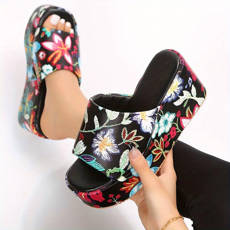 Floral Print Wedge Sandals Open Toe Slide Sandals