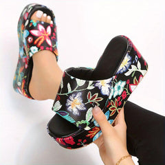 Floral Print Wedge Sandals Open Toe Slide Sandals