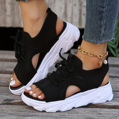 Women's Knitted Platform Sports Sandals Comfy Solid Lace Up Slingback Shoes
