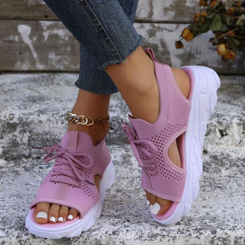 Women's Knitted Platform Sports Sandals Comfy Solid Lace Up Slingback Shoes