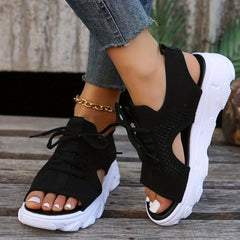 Women's Knitted Platform Sports Sandals Comfy Solid Lace Up Slingback Shoes