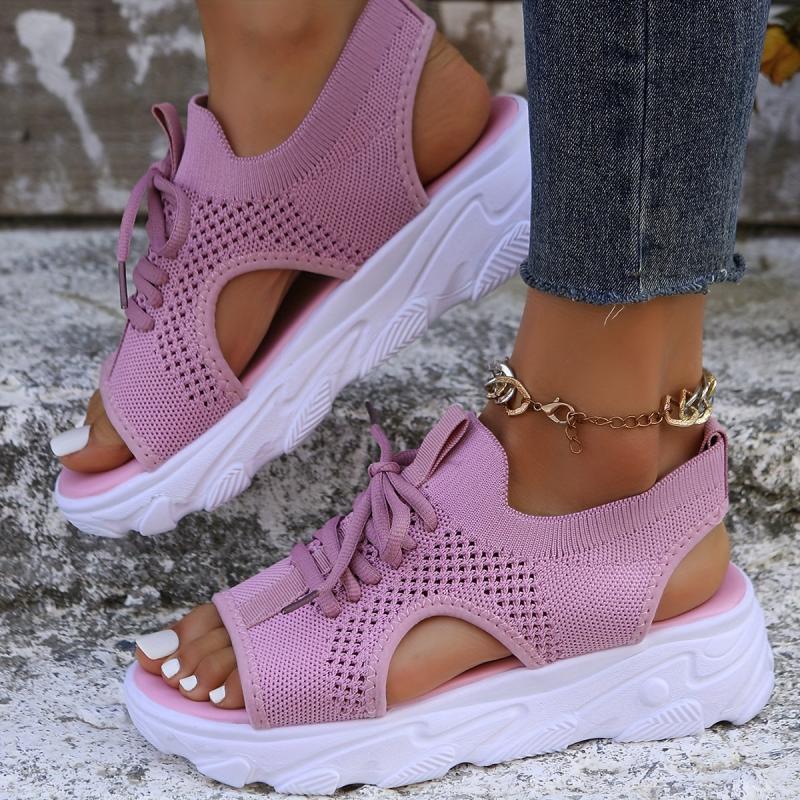 Women's Knitted Platform Sports Sandals Comfy Solid Lace Up Slingback Shoes