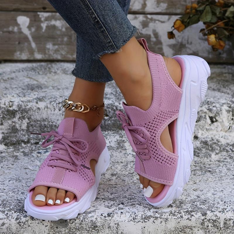 Women's Knitted Platform Sports Sandals Comfy Solid Lace Up Slingback Shoes