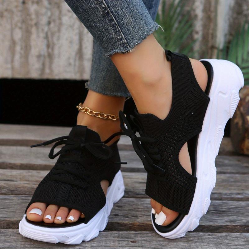 Women's Knitted Platform Sports Sandals Comfy Solid Lace Up Slingback Shoes