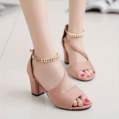 Chunky Heeled Sandals Beaded Ankle Strap Mid Heels