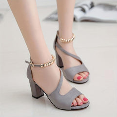 Chunky Heeled Sandals Beaded Ankle Strap Mid Heels