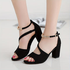 Chunky Heeled Sandals Beaded Ankle Strap Mid Heels
