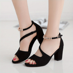 Chunky Heeled Sandals Beaded Ankle Strap Mid Heels
