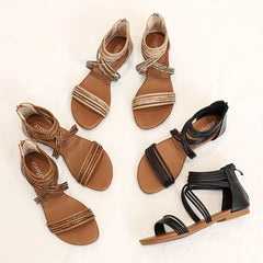 Women's Back Zip Flat Sandals - Open Toe Beach Shoes