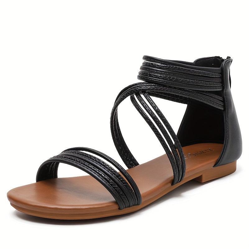 Women's Back Zip Flat Sandals - Open Toe Beach Shoes