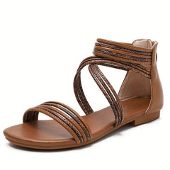 Women's Back Zip Flat Sandals - Open Toe Beach Shoes