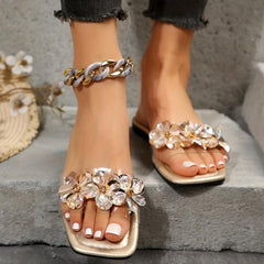 Women's Rhinestone Flower Slide Sandals Square Toe Flat Shoes