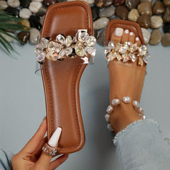 Women's Rhinestone Flower Slide Sandals Square Toe Flat Shoes