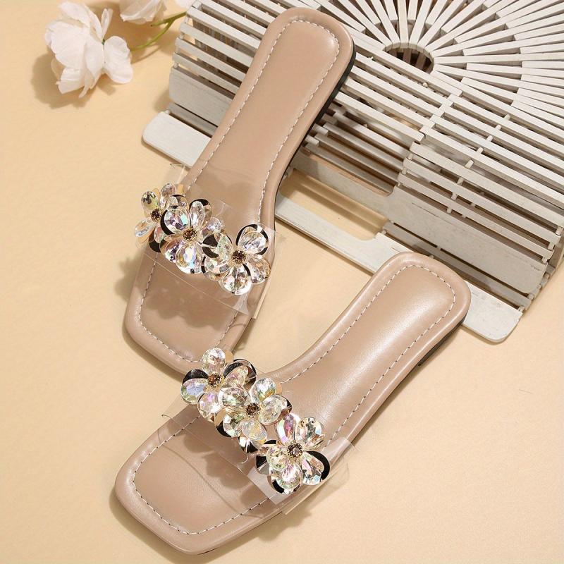 Women's Rhinestone Flower Slide Sandals Square Toe Flat Shoes