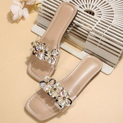 Women's Rhinestone Flower Slide Sandals Square Toe Flat Shoes