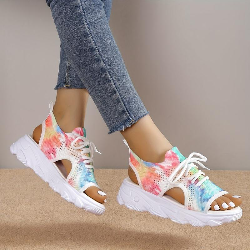 Women's Tie Dye Sports Sandals Peep Toe Lace Up Cut out Slip On Shoes
