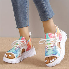 Women's Tie Dye Sports Sandals Peep Toe Lace Up Cut out Slip On Shoes