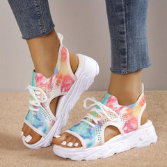 Women's Tie Dye Sports Sandals Peep Toe Lace Up Cut out Slip On Shoes