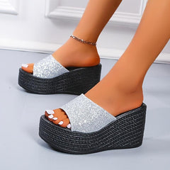Women's Sequins Platform Wedge Slides Open Toe Slippers