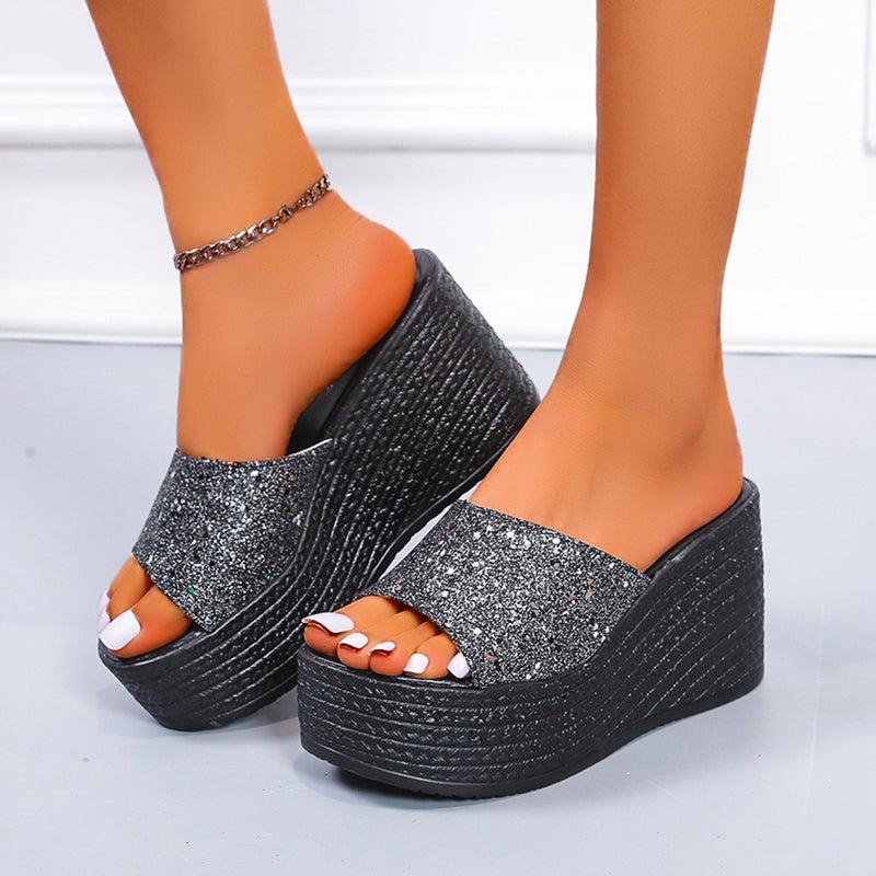 Women's Sequins Platform Wedge Slides Open Toe Slippers