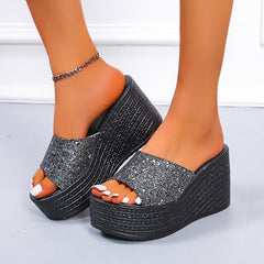 Women's Sequins Platform Wedge Slides Open Toe Slippers