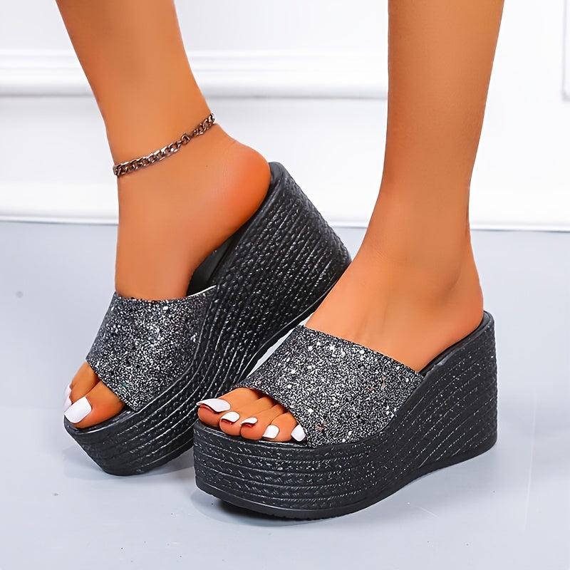 Women's Sequins Platform Wedge Slides Open Toe Slippers