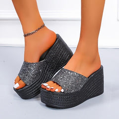 Women's Sequins Platform Wedge Slides Open Toe Slippers