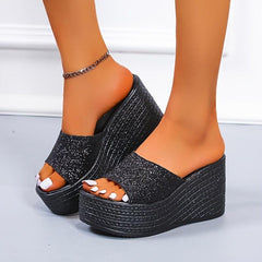 Women's Sequins Platform Wedge Slides Open Toe Slippers