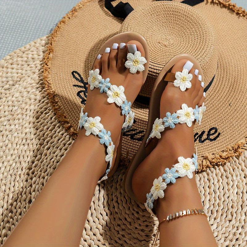 Women's Flowers Decor Toe Loop Flat Sandals
