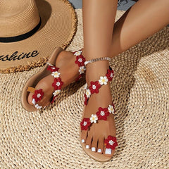 Women's Flowers Decor Toe Loop Flat Sandals