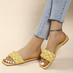 Women's Braided Flat Slides Square Open Toe Non Slip Shoes