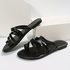 Women's Flat Slides Cross Strap Faux Leather Sandals