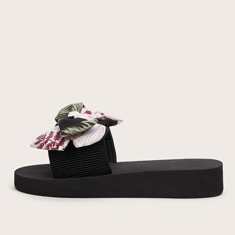 Floral & Leaf Print Slippers Platform Open Toe Bow Tie Comfy Slides