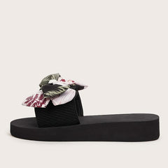 Floral & Leaf Print Slippers Platform Open Toe Bow Tie Comfy Slides