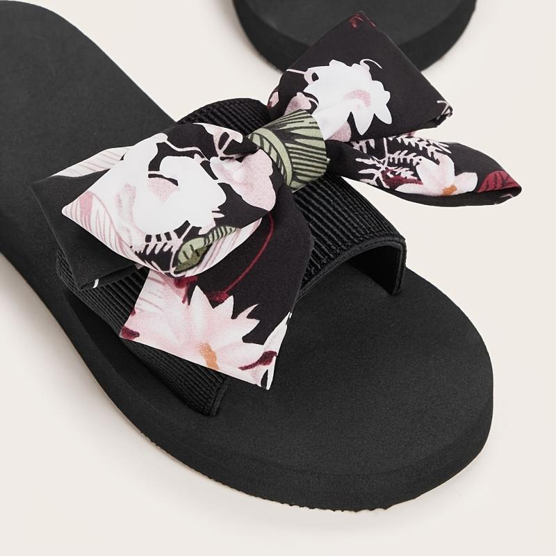 Floral & Leaf Print Slippers Platform Open Toe Bow Tie Comfy Slides