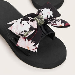 Floral & Leaf Print Slippers Platform Open Toe Bow Tie Comfy Slides