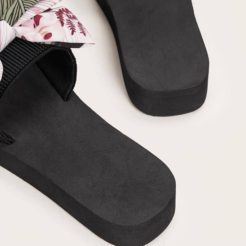 Floral & Leaf Print Slippers Platform Open Toe Bow Tie Comfy Slides