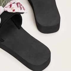 Floral & Leaf Print Slippers Platform Open Toe Bow Tie Comfy Slides