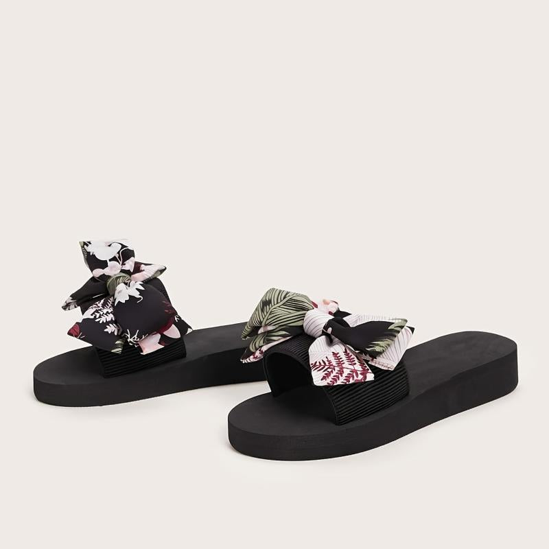 Floral & Leaf Print Slippers Platform Open Toe Bow Tie Comfy Slides