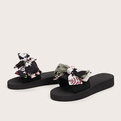 Floral & Leaf Print Slippers Platform Open Toe Bow Tie Comfy Slides