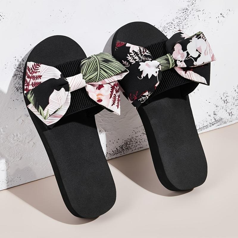 Floral & Leaf Print Slippers Platform Open Toe Bow Tie Comfy Slides