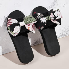 Floral & Leaf Print Slippers Platform Open Toe Bow Tie Comfy Slides