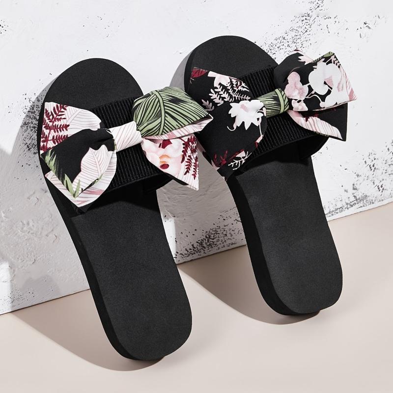 Floral & Leaf Print Slippers Platform Open Toe Bow Tie Comfy Slides