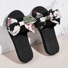 Floral & Leaf Print Slippers Platform Open Toe Bow Tie Comfy Slides