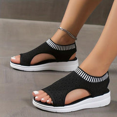 Women's Knit Sports Sandals Peep Toe Cut Out Slip-On Shoes