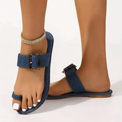 Women's Denim Toe Loop Slides Slip On Shoes Flat Slide Sandals