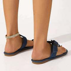Women's Denim Toe Loop Slides Slip On Shoes Flat Slide Sandals