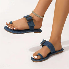 Women's Denim Toe Loop Slides Slip On Shoes Flat Slide Sandals