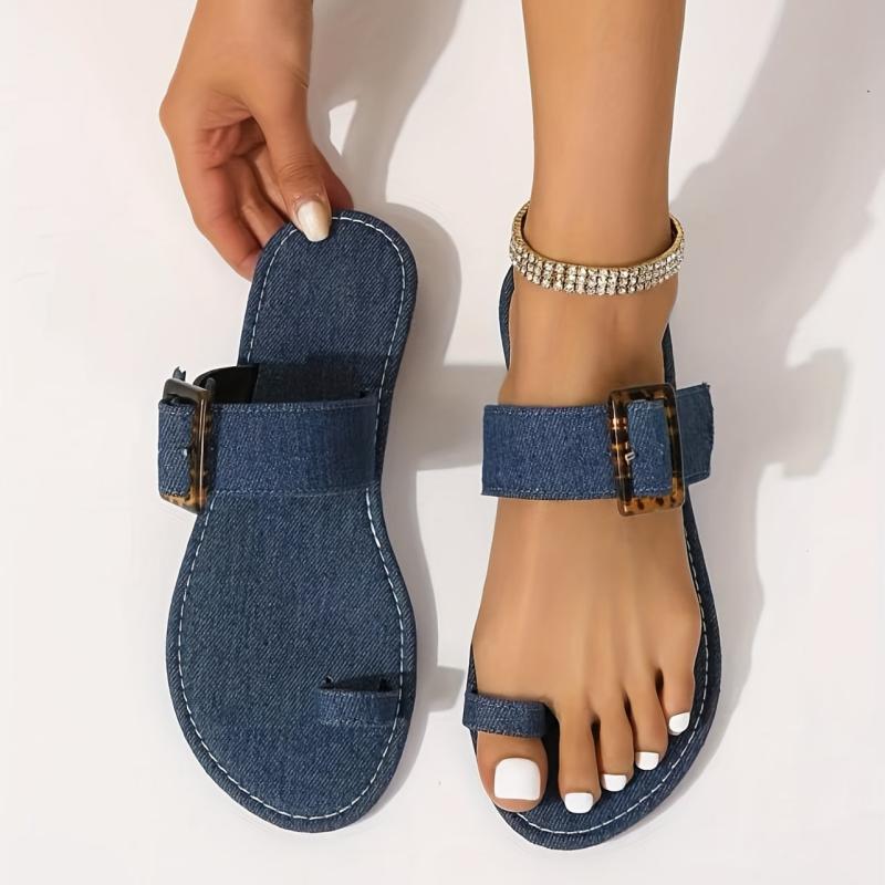 Women's Denim Toe Loop Slides Slip On Shoes Flat Slide Sandals
