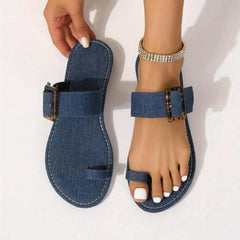 Women's Denim Toe Loop Slides Slip On Shoes Flat Slide Sandals